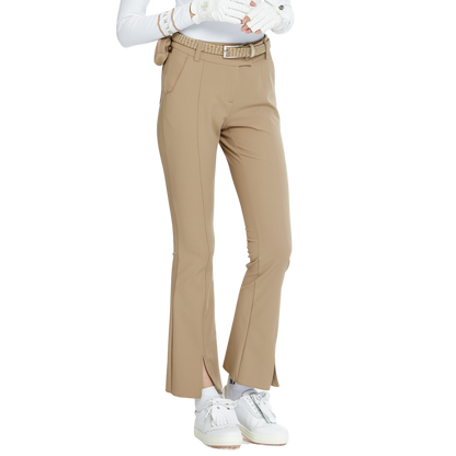 BLKTEE彈力腰微喇叭長褲(卡其)