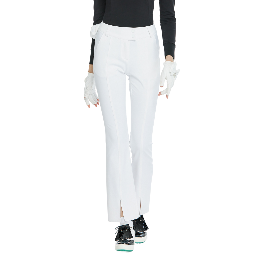 BLKTEE彈力腰微喇叭長褲(白)