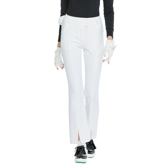 BLKTEE彈力腰微喇叭長褲(白)