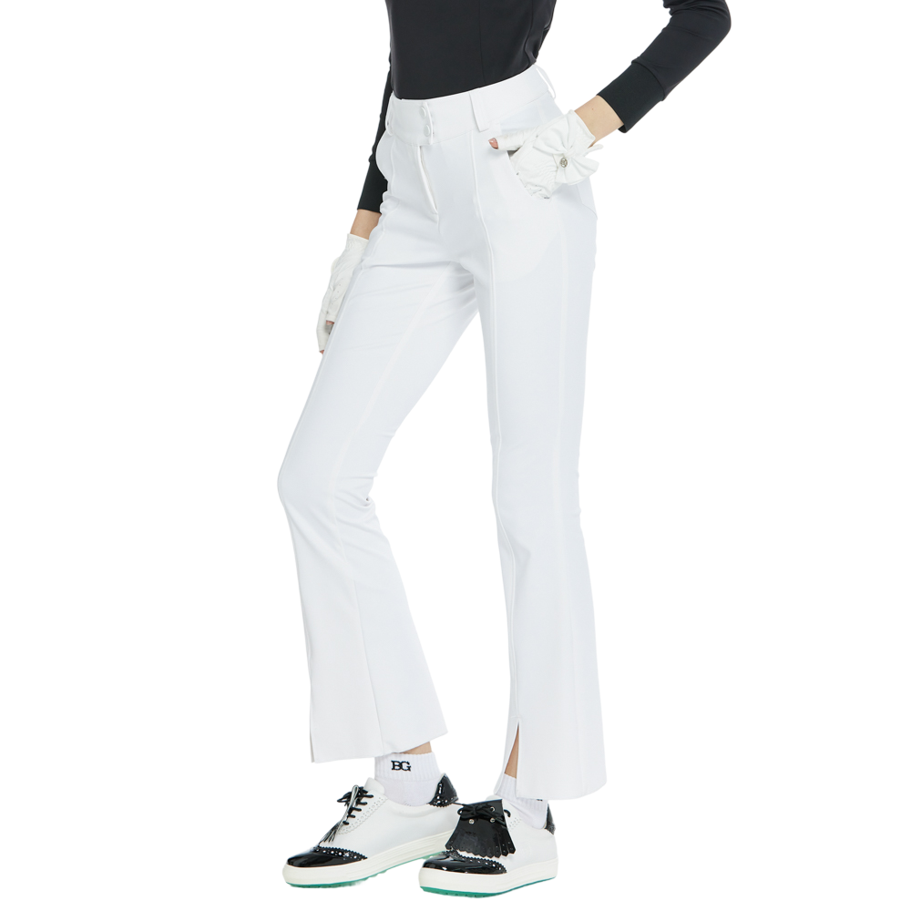 BLKTEE彈力腰微喇叭長褲(白)