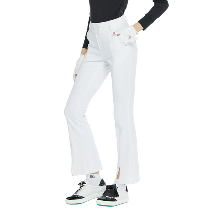 BLKTEE彈力腰微喇叭長褲(白)