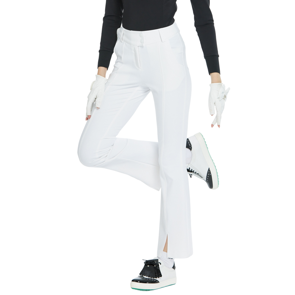 BLKTEE彈力腰微喇叭長褲(白)