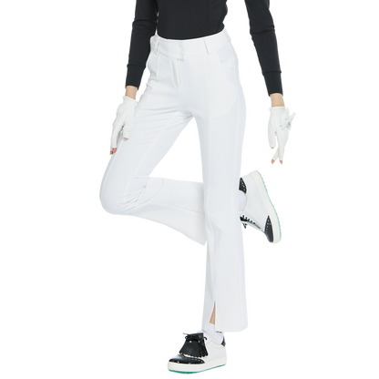 BLKTEE彈力腰微喇叭長褲(白)