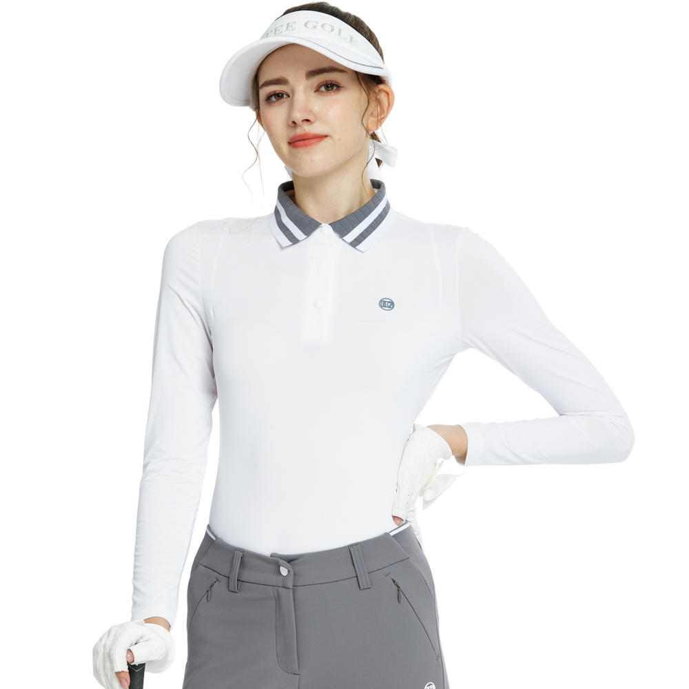 Baju atasan lengan panjang kolar jacquard rajutan (putih dan kelabu)