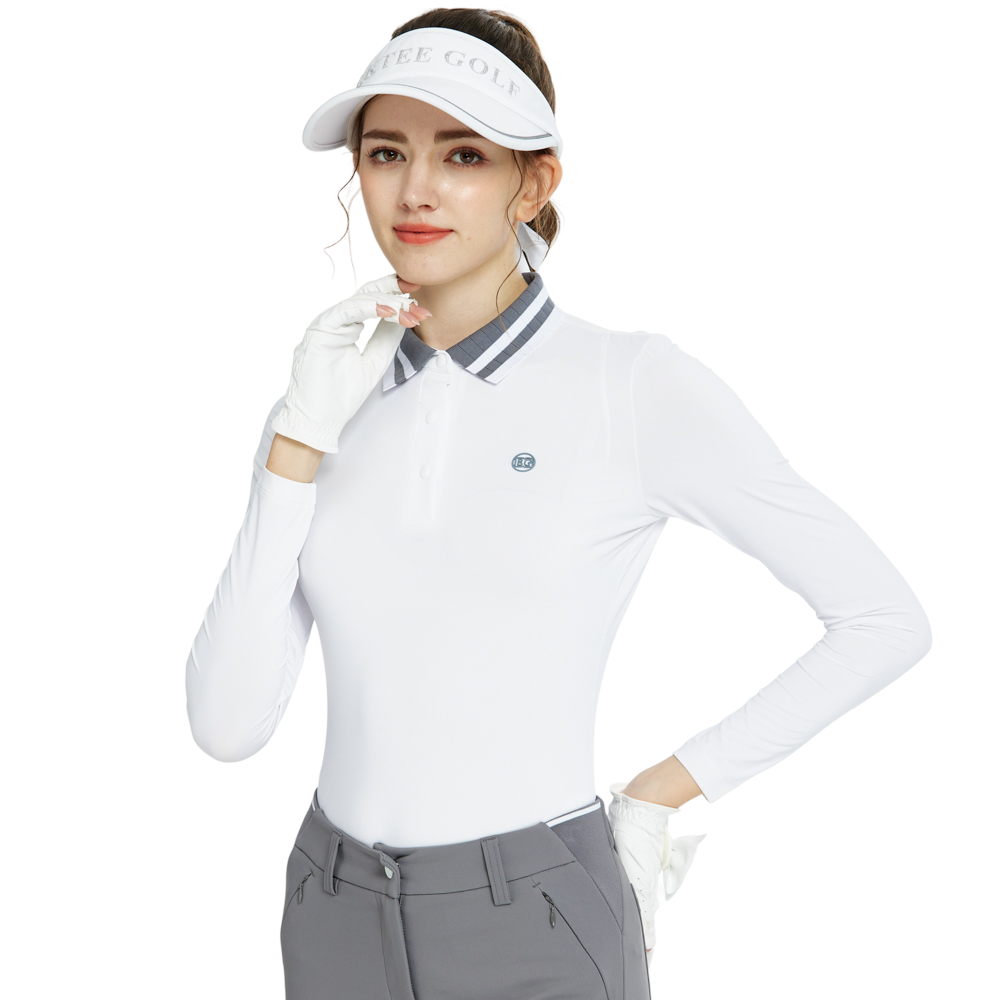 Baju atasan lengan panjang kolar jacquard rajutan (putih dan kelabu)