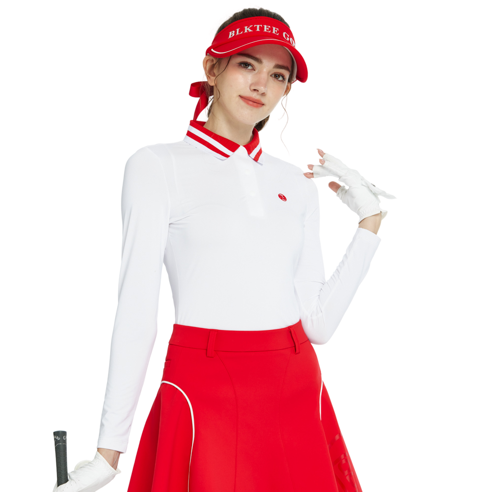 BLKTEE針織緹花領長袖衣(白紅)