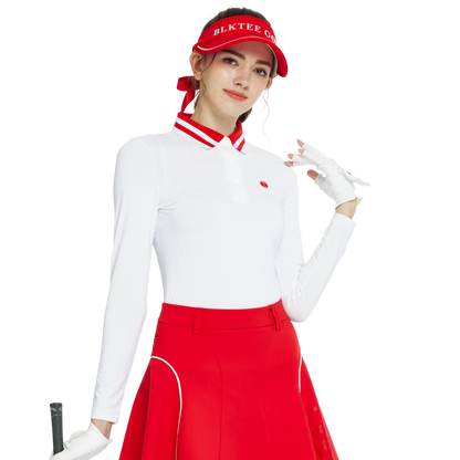 BLKTEE針織緹花領長袖衣(白紅)