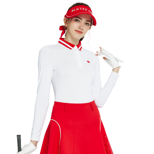 BLKTEE針織緹花領長袖衣(白紅)