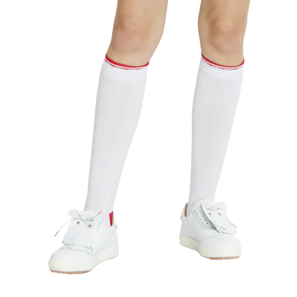 BLKTEE女針織緹花長筒襪(白紅)