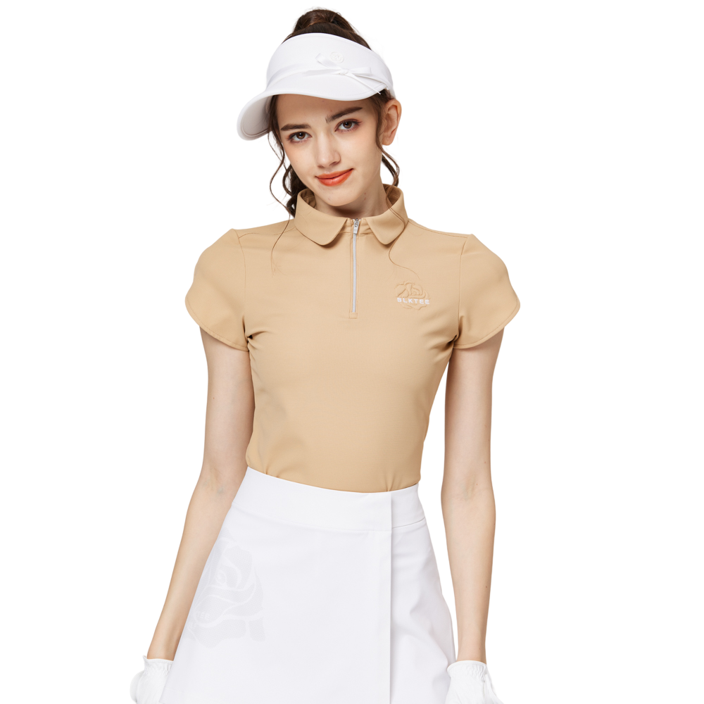 立體繡花翻領女短袖上衣