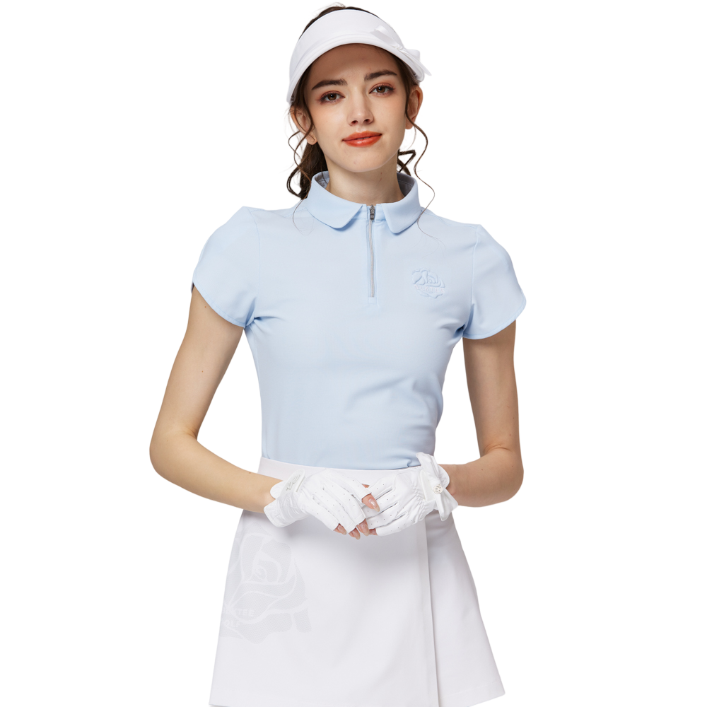 立體繡花翻領女短袖上衣