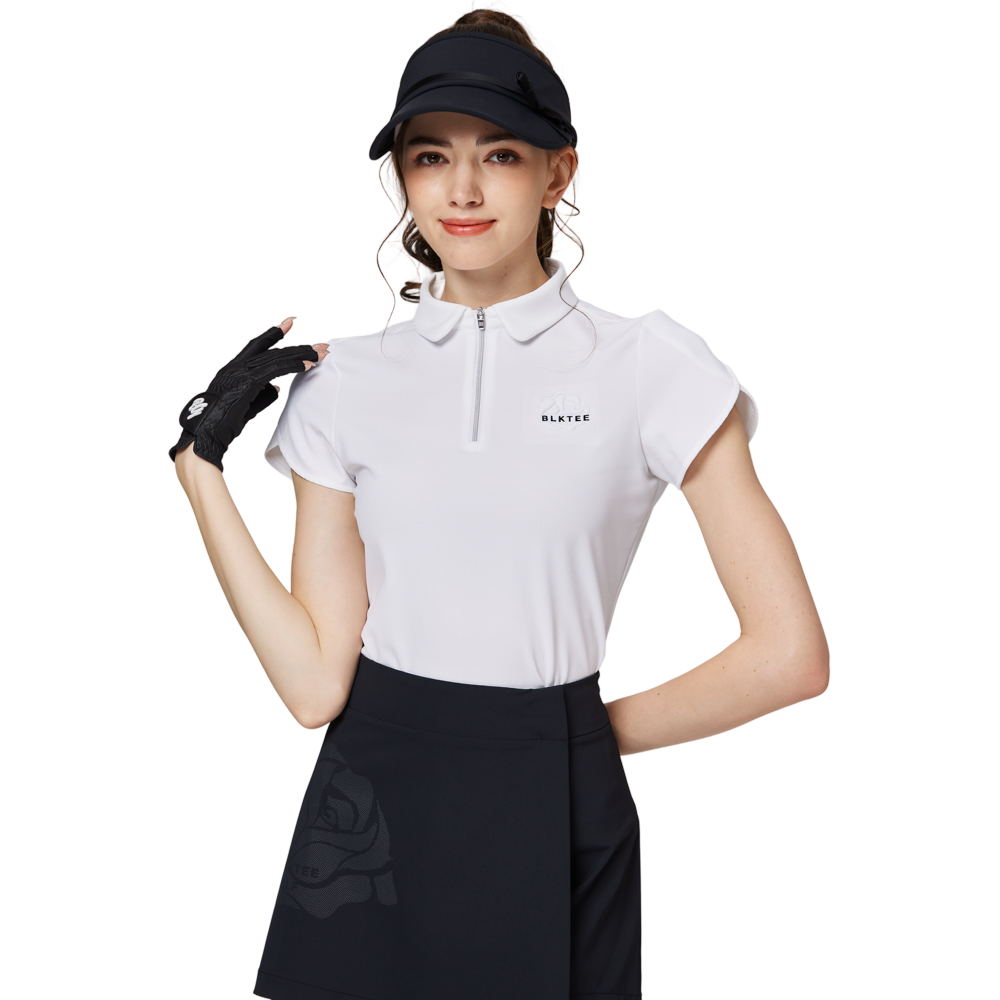 立體繡花翻領女短袖上衣