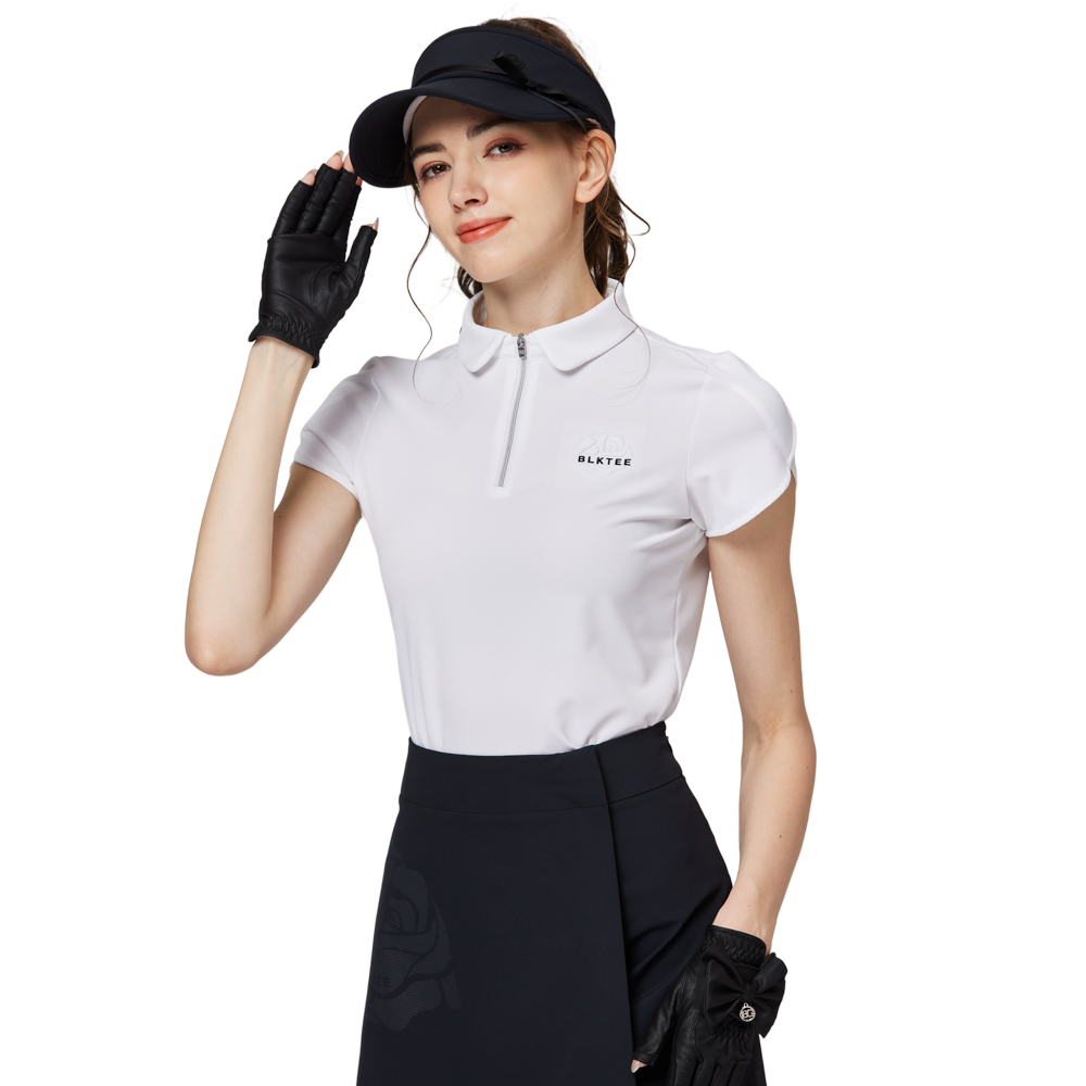 立體繡花翻領女短袖上衣