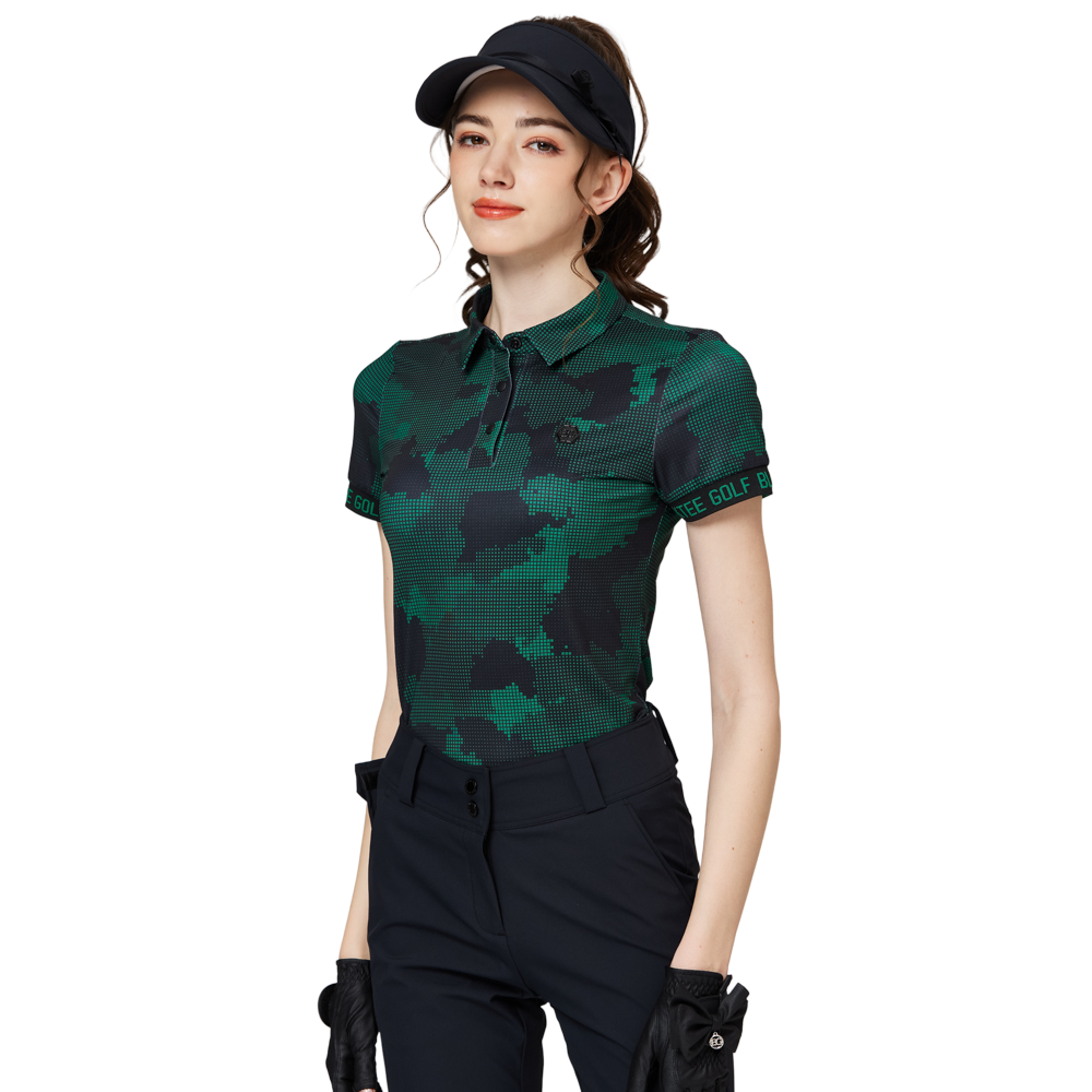 彩印透氣翻領女短袖上衣