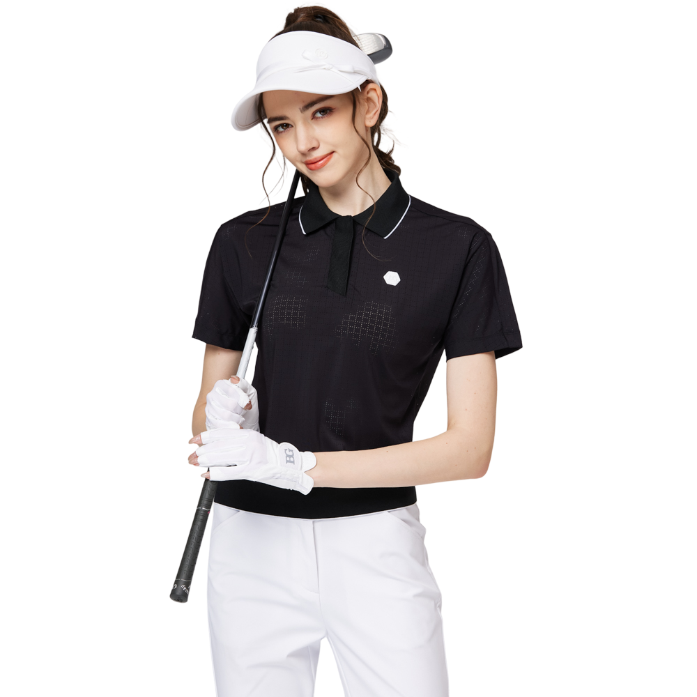 Women's short-sleeved top with full perforation, breathable collar, and gathered hem.