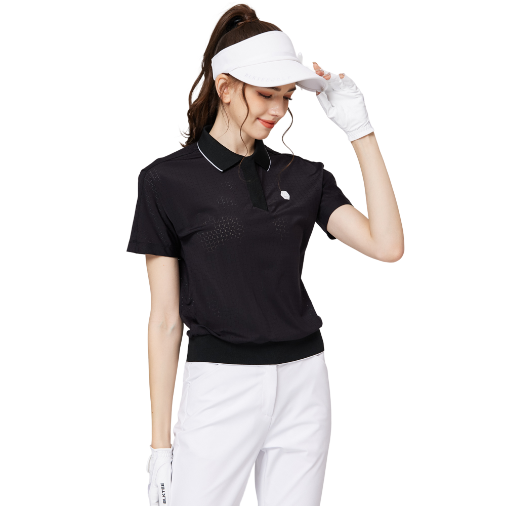 全孔透氣翻領收擺女短袖上衣