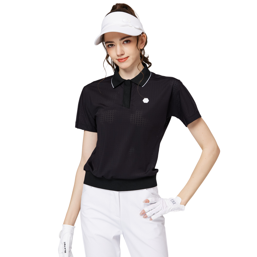 Women's short-sleeved top with full perforation, breathable collar, and gathered hem.
