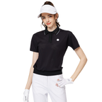 Women's short-sleeved top with full perforation, breathable collar, and gathered hem.