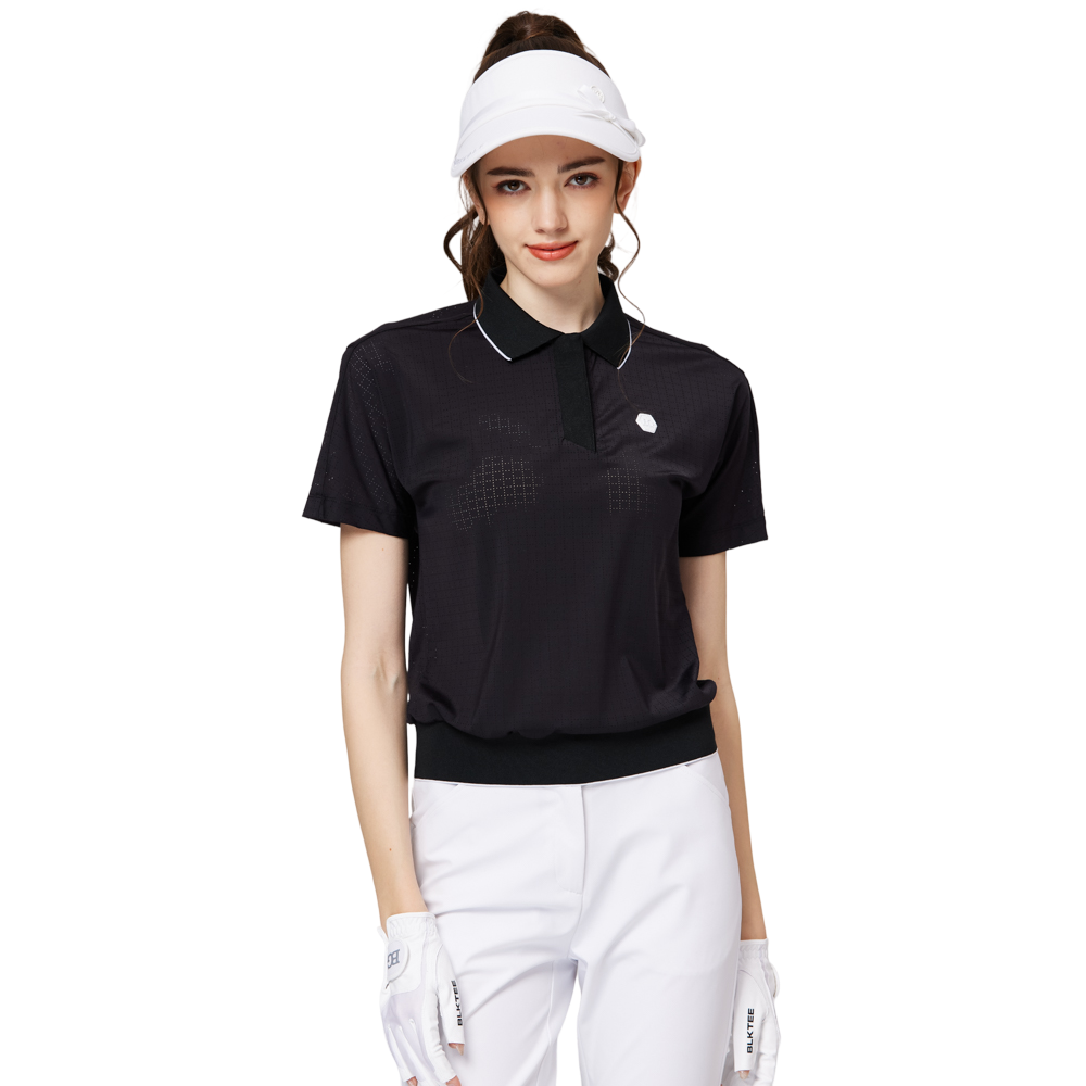 Women's short-sleeved top with full perforation, breathable collar, and gathered hem.