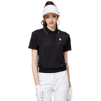 Women's short-sleeved top with full perforation, breathable collar, and gathered hem.