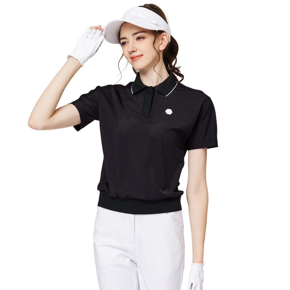Women's short-sleeved top with full perforation, breathable collar, and gathered hem.