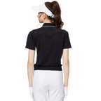 Women's short-sleeved top with full perforation, breathable collar, and gathered hem.