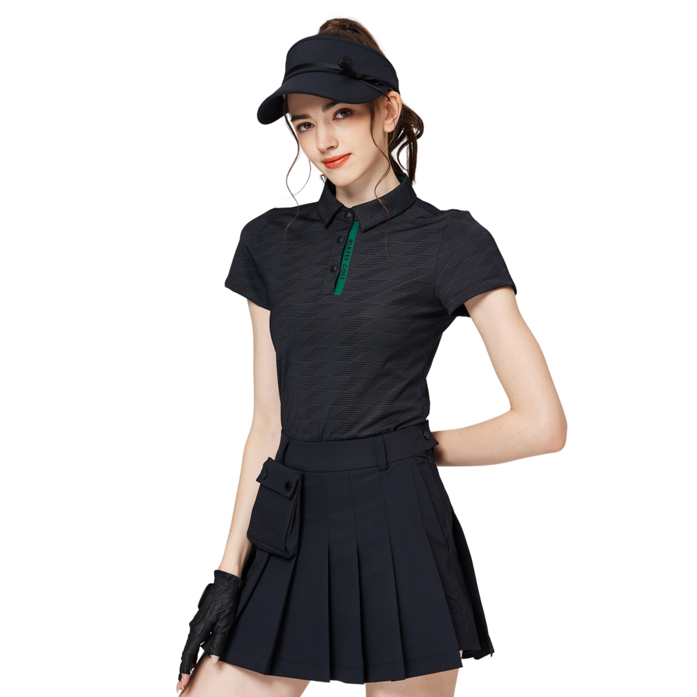 菱形提花翻領女短袖上衣